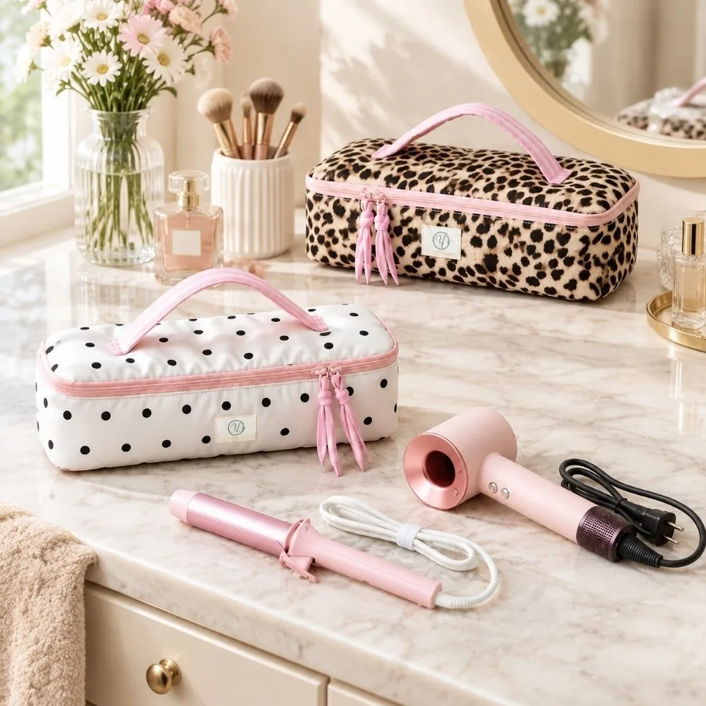 Large Capacity Hair Dryer Storage Bag Portable With Handle Makeup Bag Leopard Print Soft Curling Iron Organizer For Girls