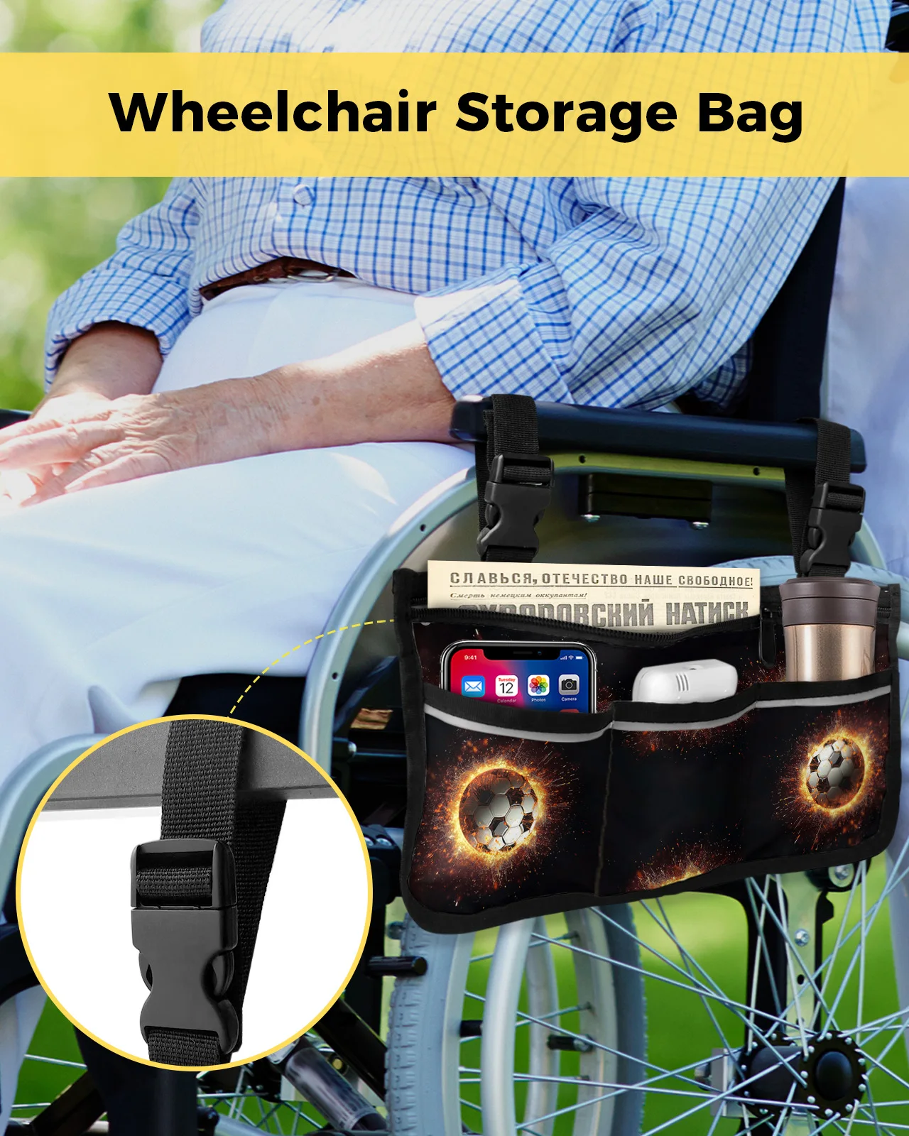 Football Flame Gradient Wheelchair Bag With Pockets Armrest Side Bags Electric Scooter Walking Frame Storage Pouch