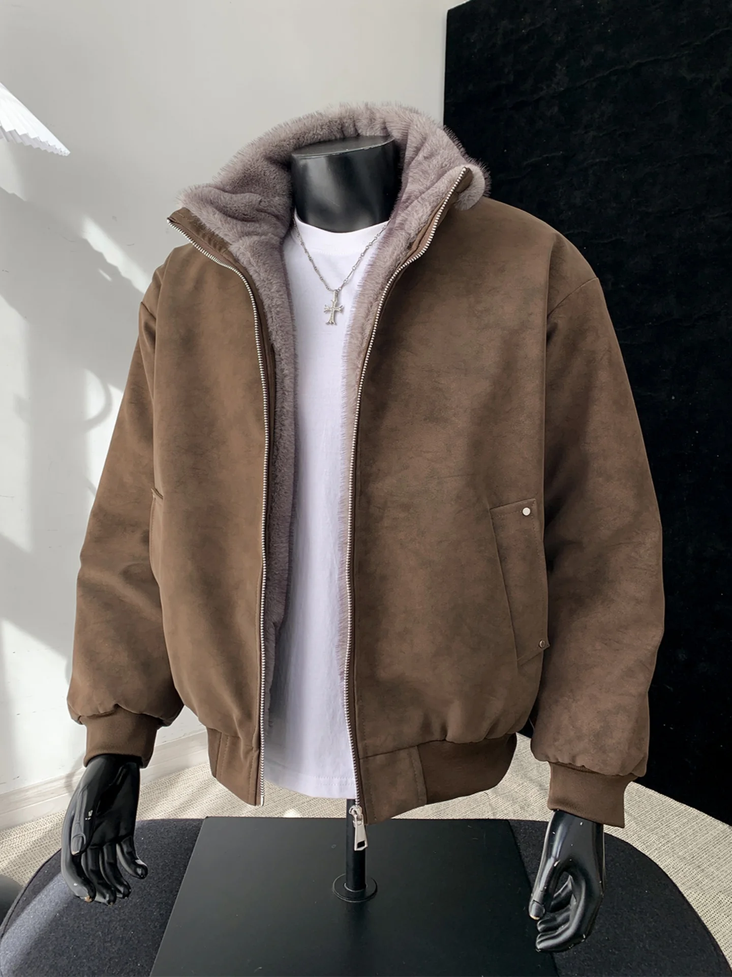 

Мужская утепленная куртка из искусственного меха и искусственной кожи с хлопковой подкладкой, зимнее теплое повседневное пальто с внутренней отделкой из овчины