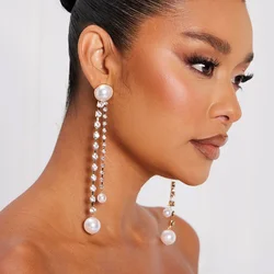 Elegant Pearl Long Tassel Earrings Bohemian for Women Wedding Accessories Fringe Rhinestone Dangle Earrings Jewelry Engagement