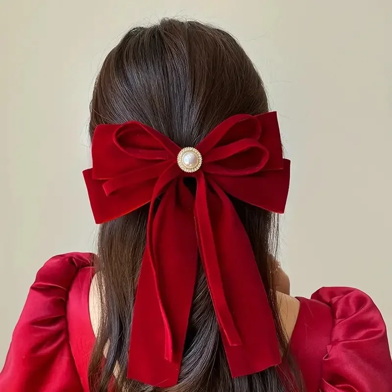 1Pcs Fabric Velvet Girl Hair Bow Streamer Spring Clip Pearl Decorative Hair Clip Temperament Top Clip Hair Accessories for Women