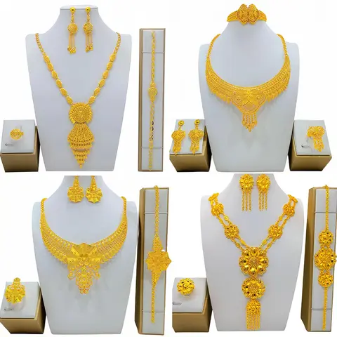 4Pcs Gold Color Indian Bridal Alloy Jewelry Set Dubai Necklace Earrings For Women Wedding 24k Gold Plated African Jwellery Bride