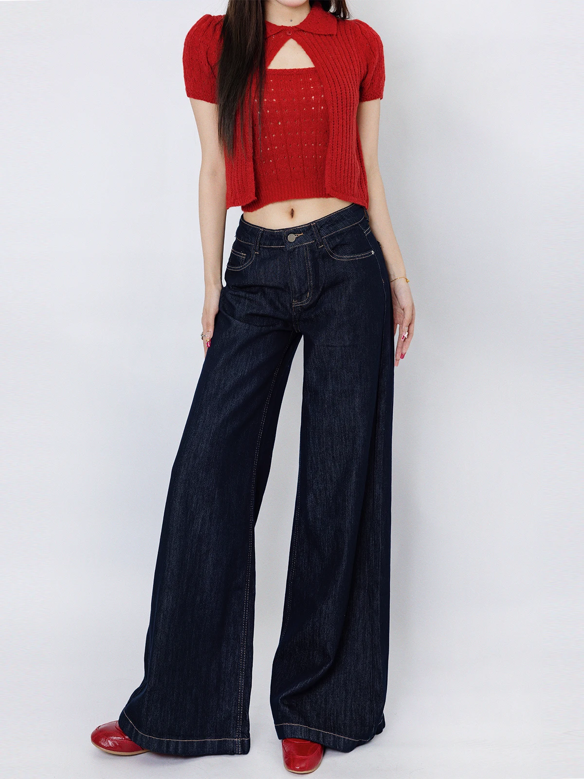 

High Waist Wide Leg Denim Jeans Women's Vintage Deep Blue Drapey Floor-Length Pants New Arrival AKSTUDIO37