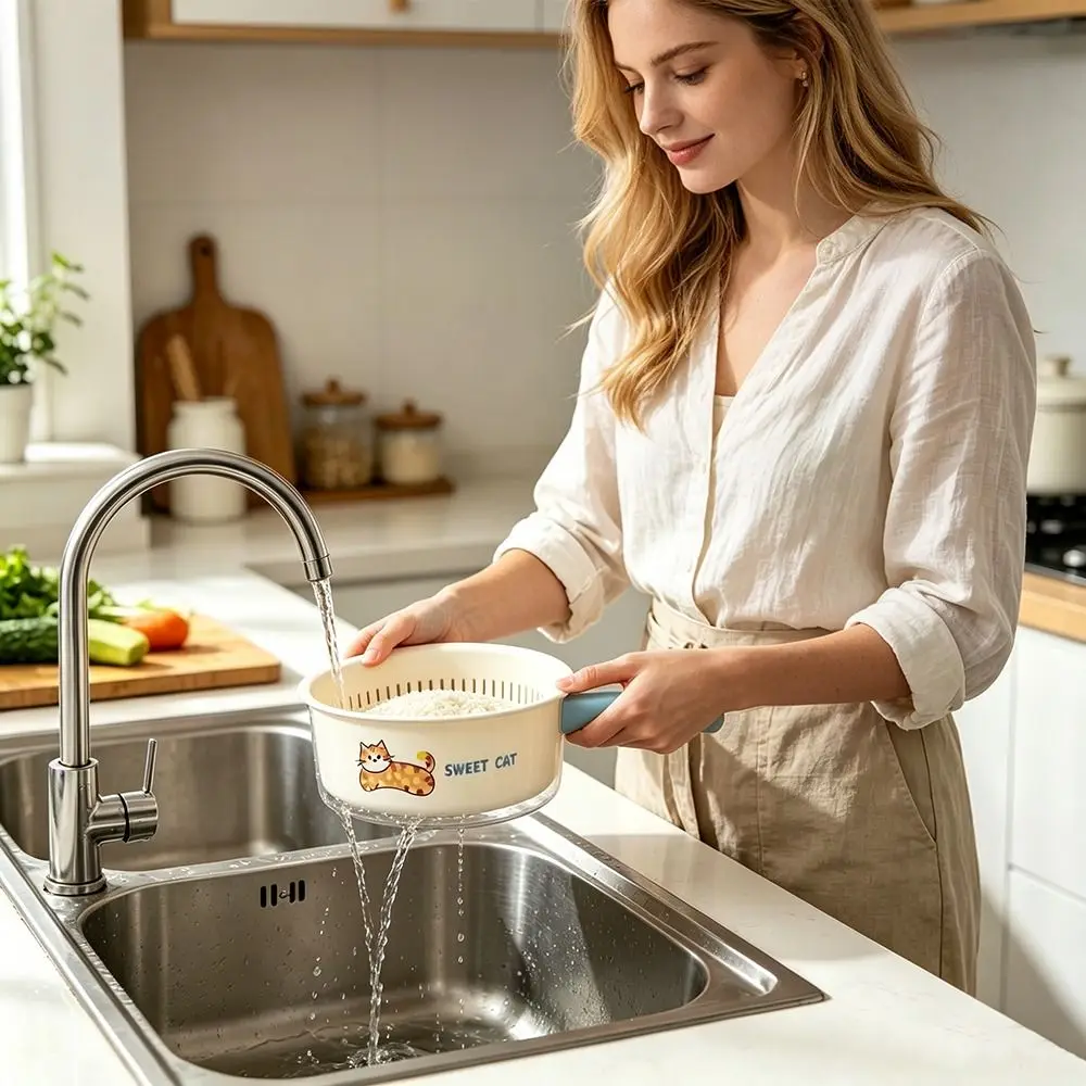 Dopamine Drainage Basket with Handle Multi-functional Fruit Basket Food Grade Double-layer Fruit Washing Basket Kitchen Use