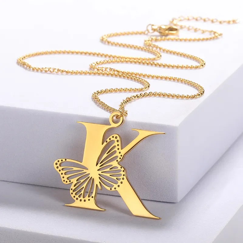 Dainty Big Butterfly Letters Necklaces For Women Girl Jewelry Stainless Steel Chain Initial Pendant Necklace Best Accessories