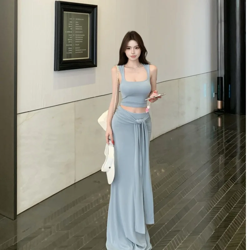 

Pure Color Simple Style Short Crop Top with Chest Pad Square Collar Slim Fit Vest Belted Draped Wrap Body Half Skirt Set