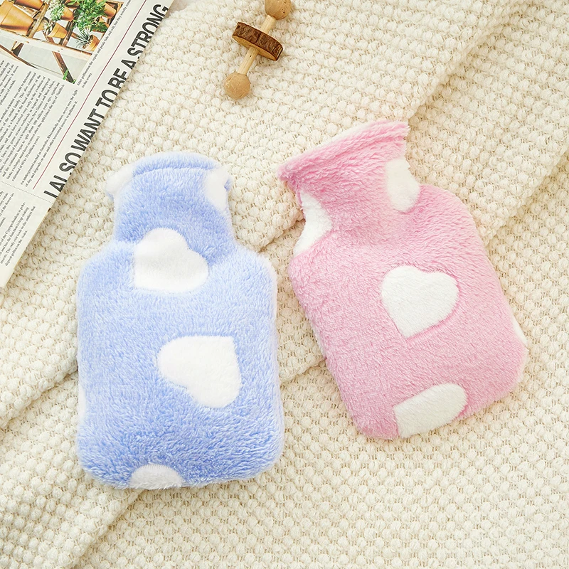 Hot Water Bottle with Cover Heart Pattern Plush Heat Water Bag Hand Bed Warmer for Pain Relief Great Present