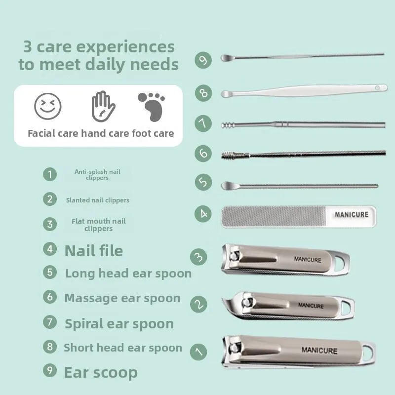 Ensemble de coupe-ongles 10 pièces, ensemble complet de coupe-ongles, limes à ongles, bouchons d'oreille en acier inoxydable, cuillères, outils de kit d'ongles portables
