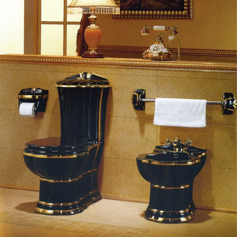 

Glossy black With Gold Line middle east Toilet Sanitary Ware Small Toilet Seats Siphon One Piece Ceramic WC Toilets