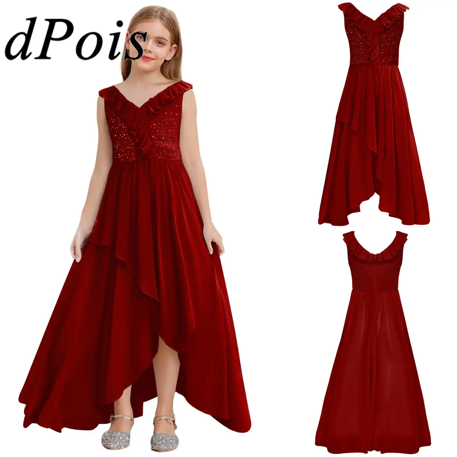 

Princess Girls Dress Rave Festival Costumes V-neck Sleeveless Ruffled Hem Prom Dress Christmas Xmas Celebration Party Gown