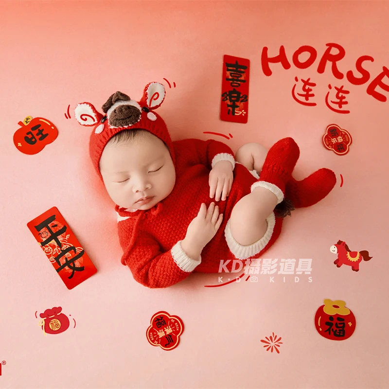 Perlengkapan Fotografi Bayi Tema Kuda Poni Lucu, Jumpsuit Bayi Bentuk Kuda dengan Topi Senada 2026, Boneka Kuda Plush Lembut untuk Pemotretan