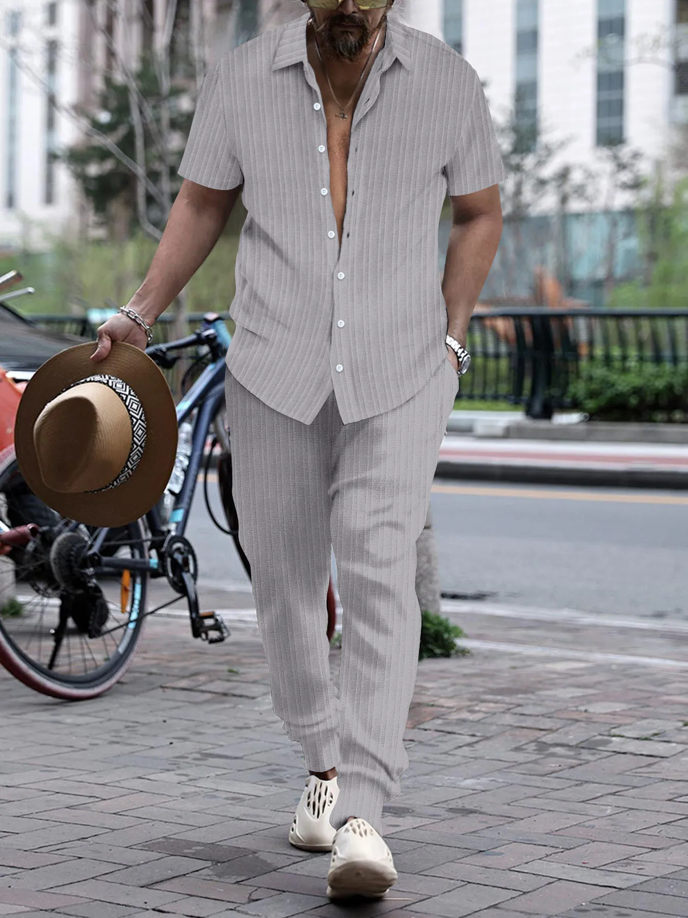 Casual men's suit, long sleeve lapel solid color striped two-piece set, four seasons pants top beach sports street hot clothing.