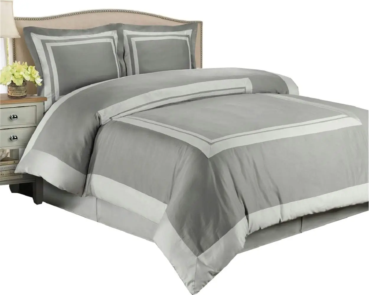 

Hotel Bed-in-A-Bag: Queen Size, 100% Cotton, 300TC- Grey & Light Grey Duvet Cover Set with Matching Sheet Set + White Down Alter