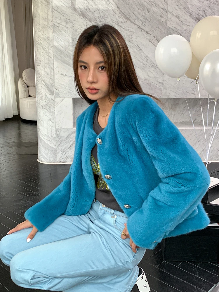 HDHOHR 2024 New 100% Real Mink Fur Coat Women Fashion Essential Natural Mink Fur Jackets Warm Short Royel Blue Winter Coat