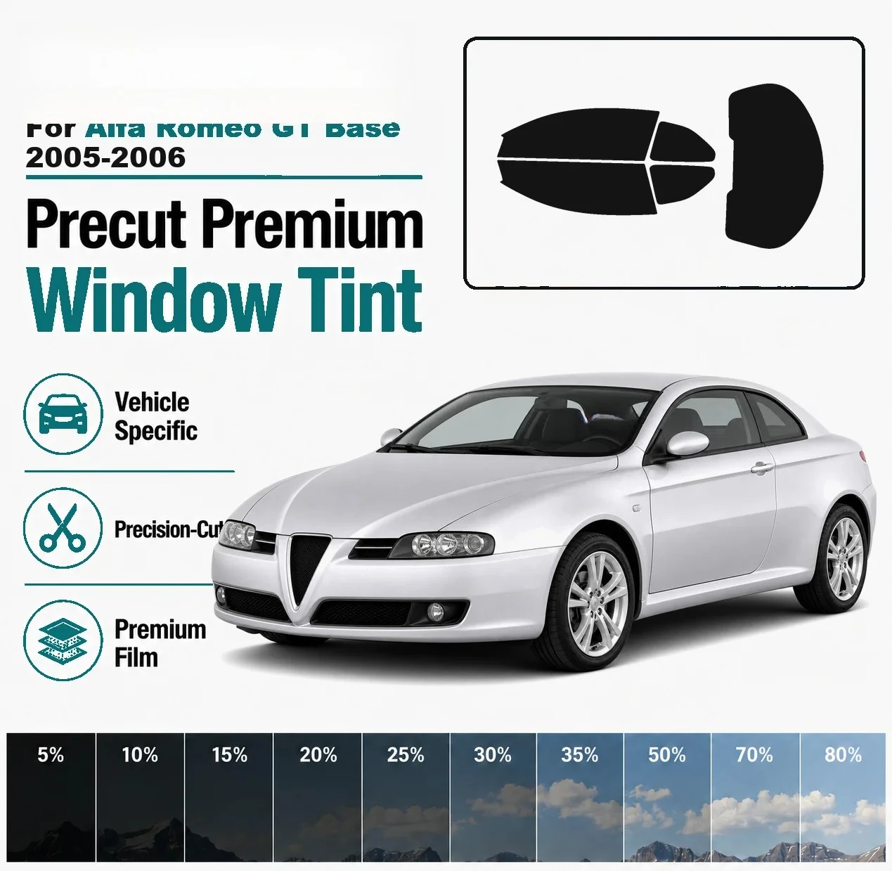 Premium Precut Window Tint for Alfa Romeo GT Base 2005‑2006 Front Rear Windows UV Heat Rejection Anti‑Scratch Privacy Film
