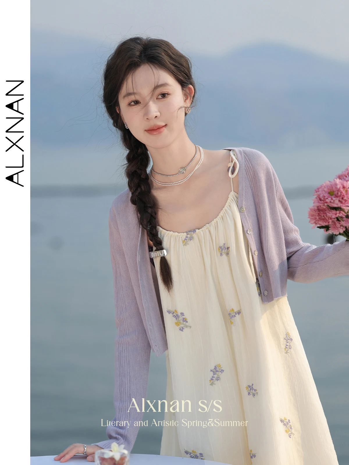 Alxnan elegante decote em v recortado cardigan para mulher 2024 primavera verão roxo malhas das mulheres outerwear roupas femininas l33770sy