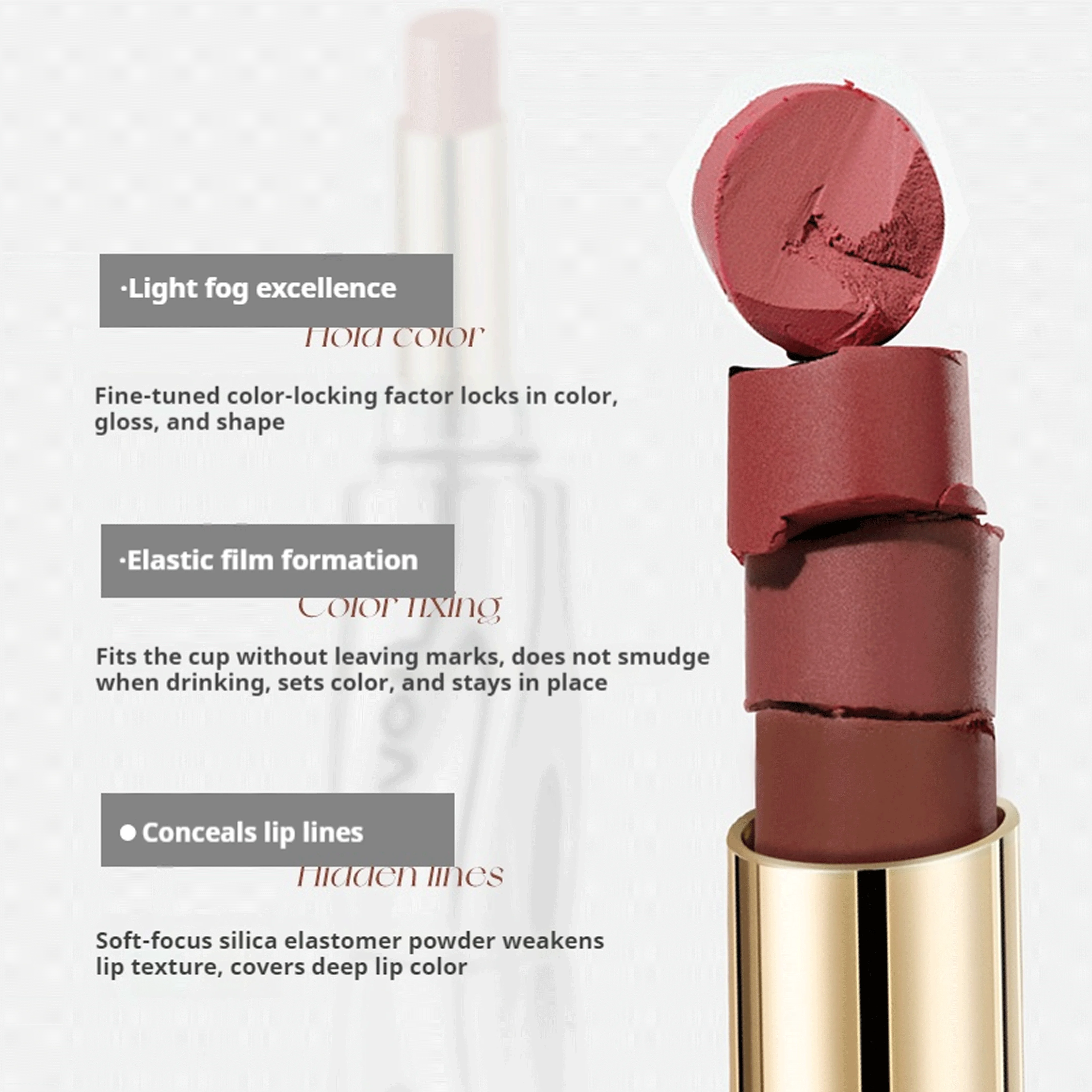 NOVO Wasserfester, schweißbeständiger, farbefreier, nicht transferrierender mattierter Lippenstift für den Alltag, natürliches Aussehen und Raffungen.