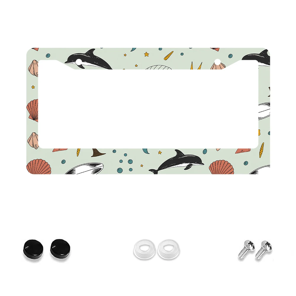 

1 шт., рамка номерного знака зеленого цвета с узором дельфина и ракушки, 2 отверстия, алюминиевый материал, 6x12 дюймов, с винтовым украшением автомобиля