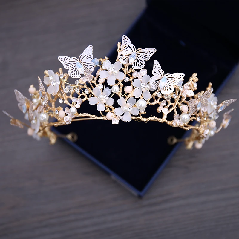 Luxury Crystal Beads Pearl Butterfly Costume Jewelry Sets Floral Rhinestone Choker Necklace Earrings Tiara Wedding Jewelry Set image 2