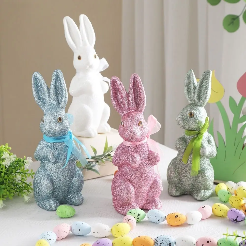 Simulated Easter Bunny Figurine Cute Decorative Glitter Bunny Figurine Colorful with Ribbon Easter Bunny Ornament Indoor Mantel