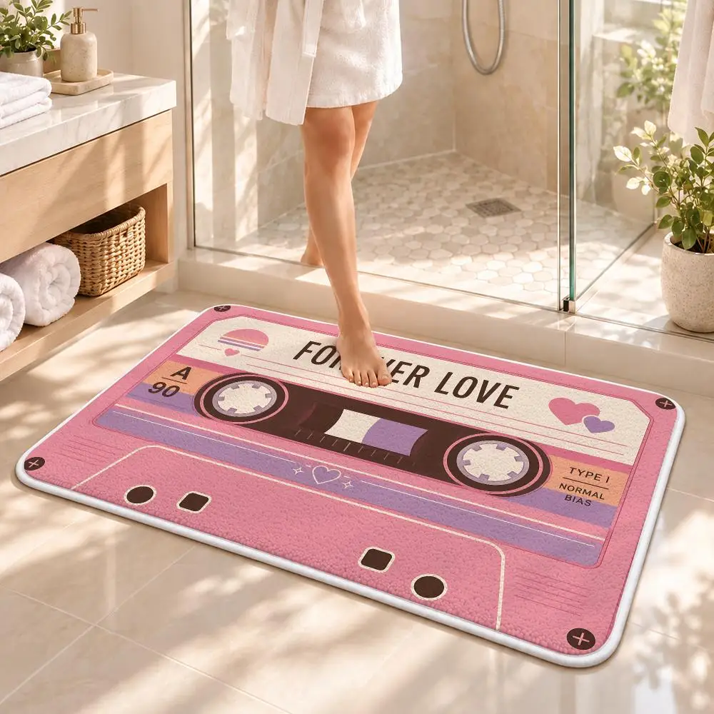 Retro Cassette Cartoon Pattern Floor Mat Flannel Rug Soft Non Slip Washable Door Mat for Bathroom Bedroom Kitchen Home Decor