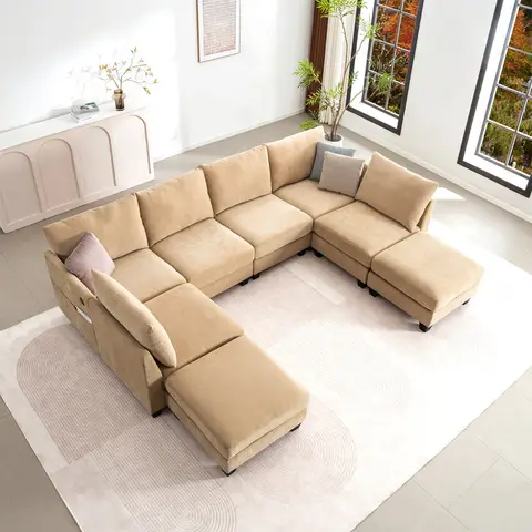 124" Modern U-Shaped Sectional Sofa, Modular Cloud Couch with 2 Ottomans, Large Fabric Living Room Furniture Set, Oversized