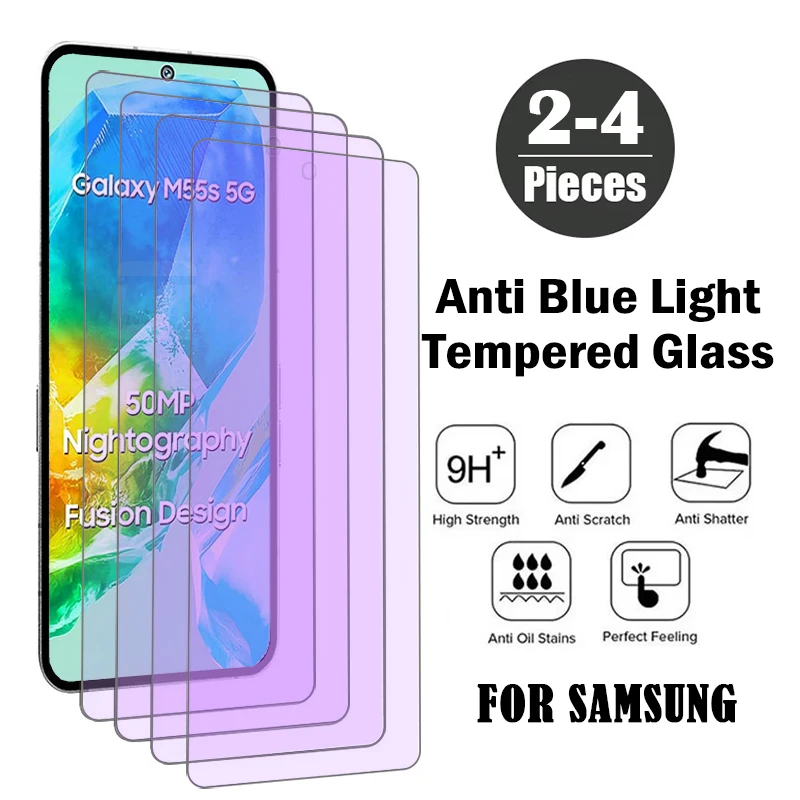 2-4Piece Anti Blue Light Screen Protector For Samsung Galaxy M55s M55 M35 M15 M54 M53 M62 M52 M51 M31S M31 M21 Tempered Glass