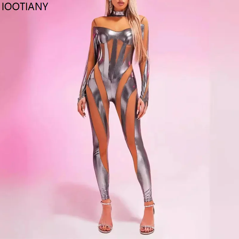 Kobiety seksowna siatka łączenie punkowy kombinezon futurystyczne mechaniczne body Halloween Cosplay Catsuit festiwalowa sukienka na imprezę strój Rave