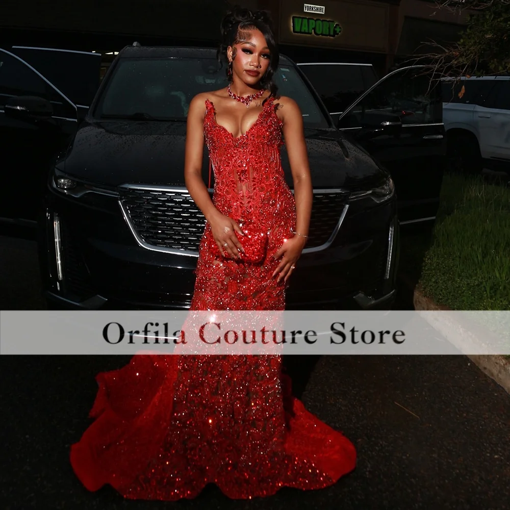 Matric Farewel Red Prom Dresses 2026 Luxury Sequin Crystal African Black Girls birthday Dress Long Party Gowns Customized