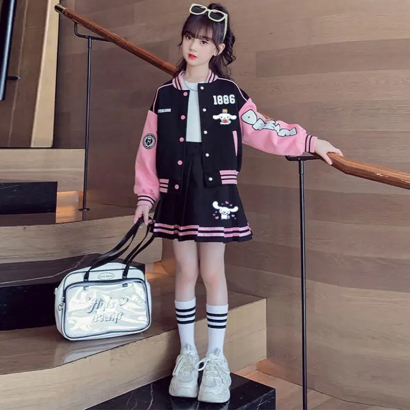 Anime Sanrios Kuromi Girls Baseball Jacket Uniform Pleated Skirt 2Pcs Cinnamoroll Coats Skirt Suit Teenage Outfit Casual Clothes