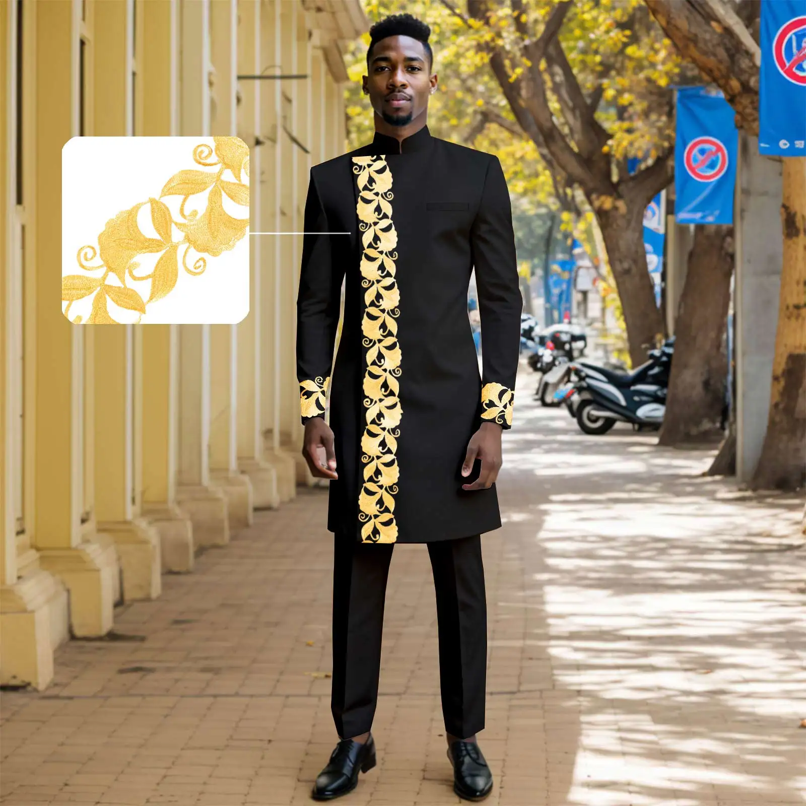 DBQ African Clothes for Men Slim Fit Suit Embroidery Single Breasted Gold Chain Blazer and Pants Suit 241050