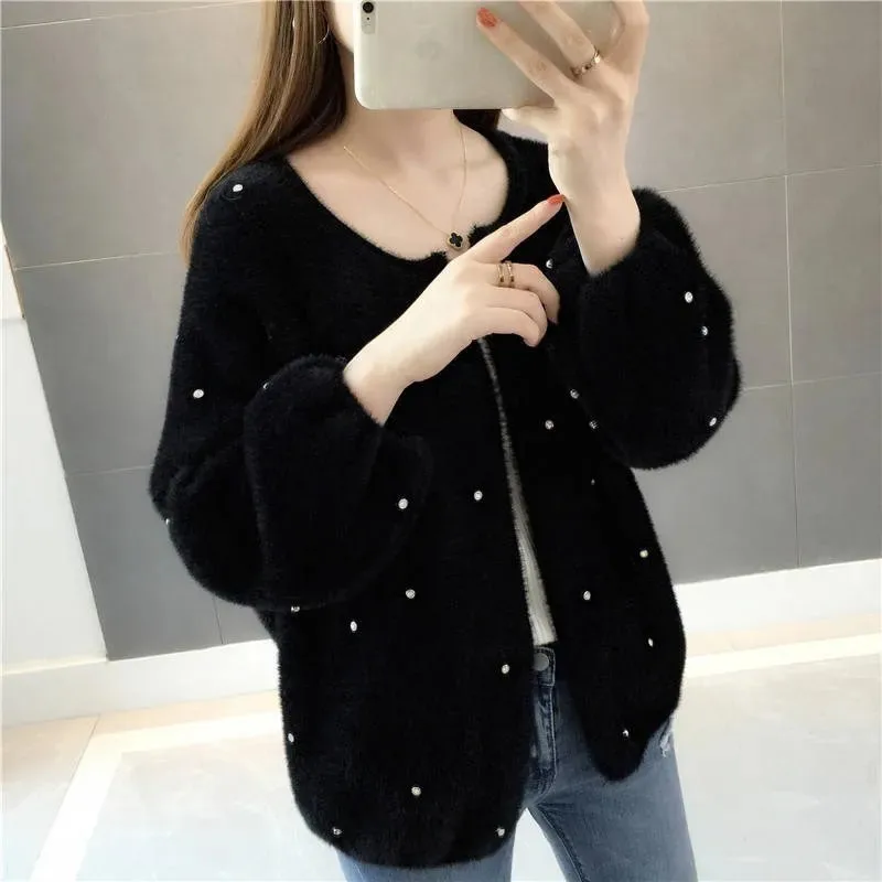 Knitting Shirt Female Cardigan Imitation Mink Fleece Women\'s Sweater New Spring Autumn Coat Korean Version Loose Wild   Jacket