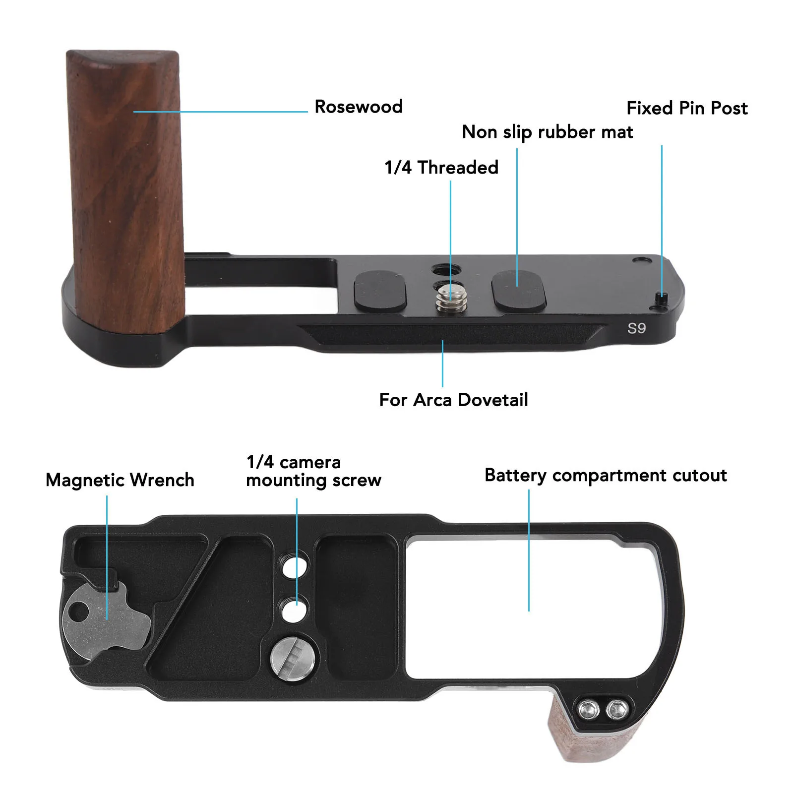 قبضة يد على شكل حرف L مع لوحة تحرير سريعة من سبائك الألومنيوم ومضادة للانزلاق سهلة التركيب لكاميرا LUMIX S9 مقبض على شكل حرف L