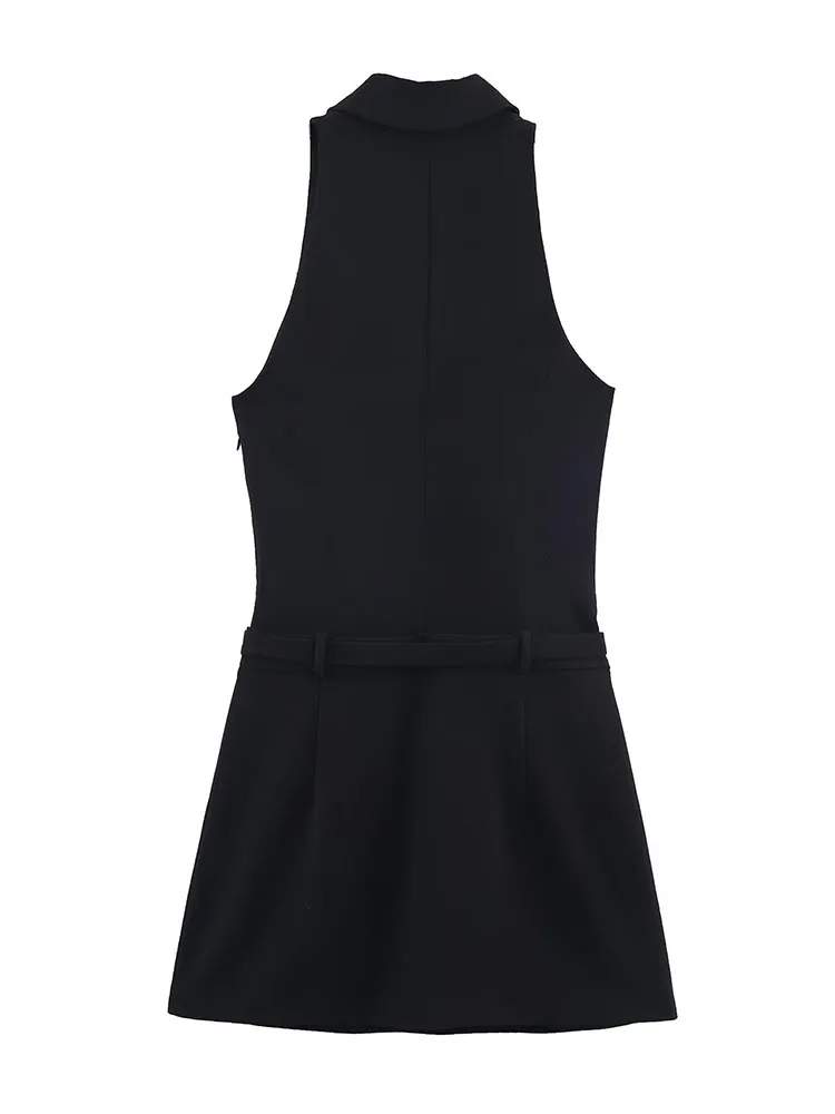 HH Abito estivo femminile sexy con bottoni sul risvolto Tasca con cintura Decorazione Mini abito sottile Abito da donna con effetto abito nero senza maniche