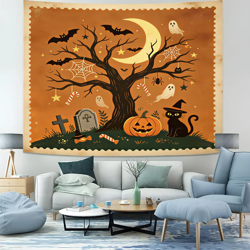 Vintage Halloween Print Tapestry Pumpkin Ghost Black Cat Bat Tombstone Wall Hanging Fashion Backdrop Wall Decor Holiday Gift