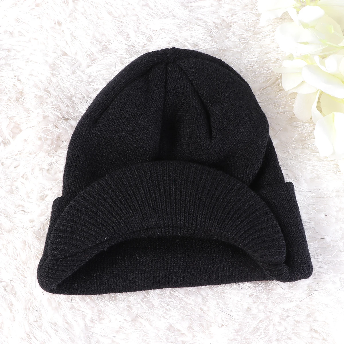 

Knitted Beanie Hat Black Woolen Peaked Cuffed Visor Warm Thermal Winter Outdoor Sports Unisex Warm Hat Wind Sun Protection