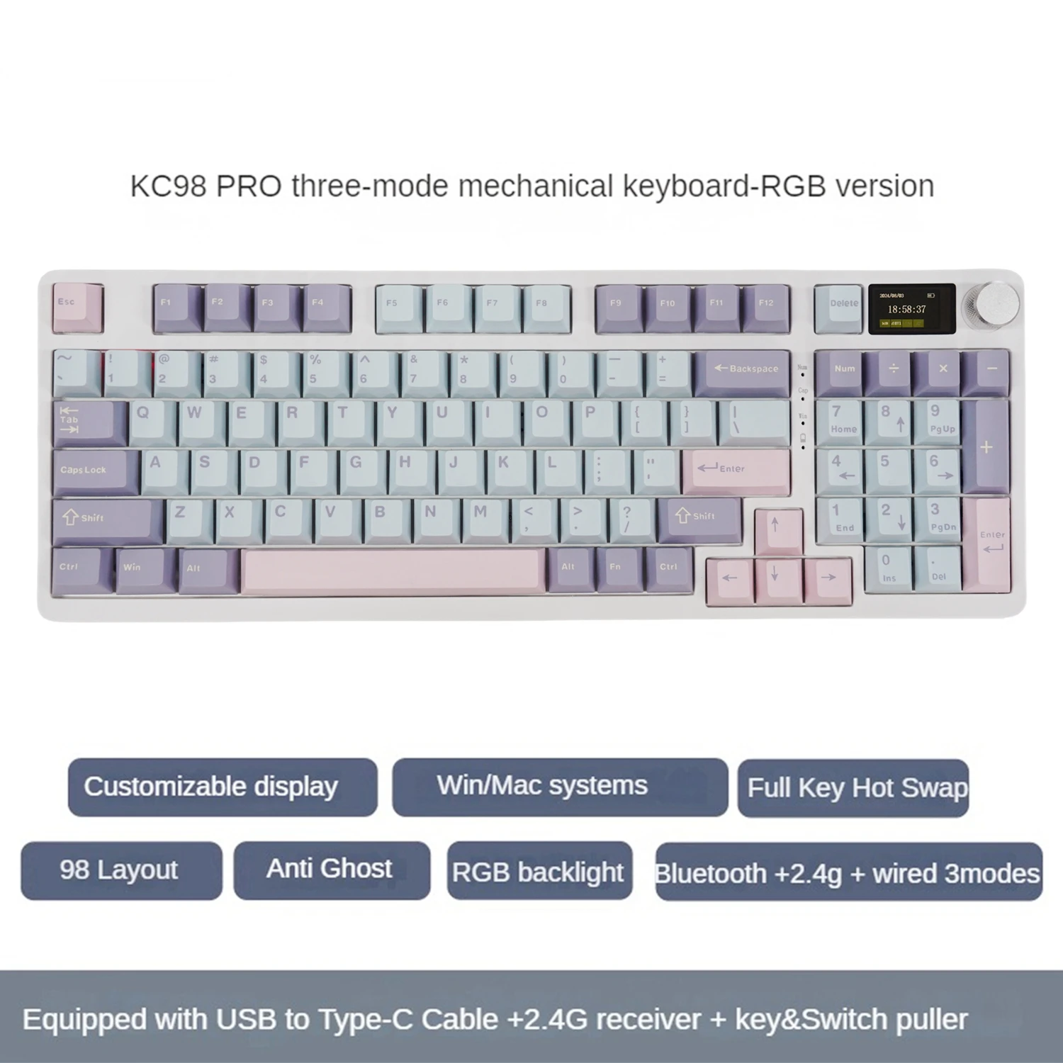 MATHEW TECH KC98 Pro Mechanical Keyboard Hot-swappable RGB Bluetooth Three-mode 2.4G/Wired 96 Percent With Knob&Display