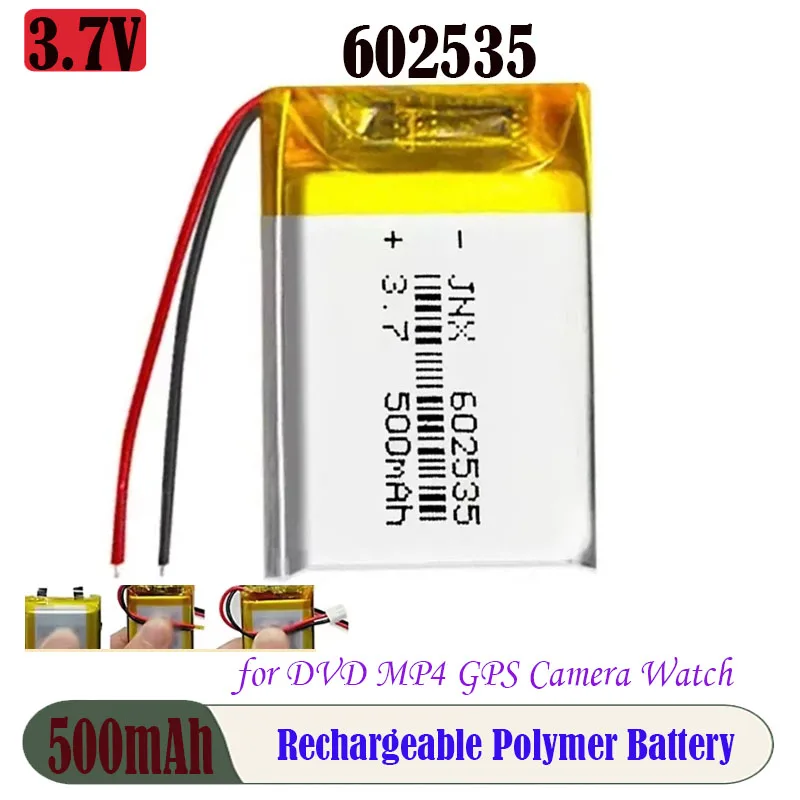 602535 3.7V 500mAh Rechargeable Lithium Polymer Lithium Battery JST PH 2.0mm 2pin for GPS DVD Bluetooth Recorder Headset Camera