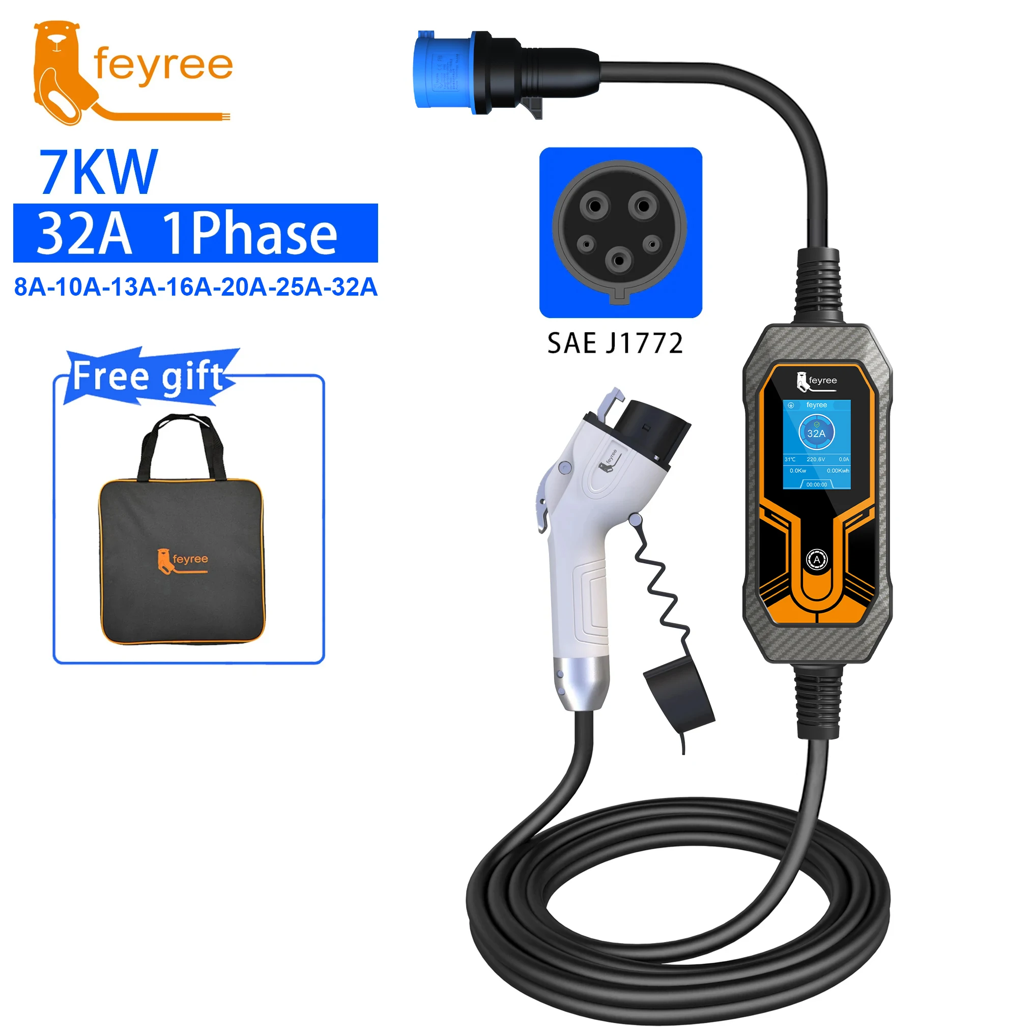 feyree Portable EV Charger Wallbox Type1 j1772 7KW 32A 1Phase with CEE Plug EVSE Charging Box for Electric Car Charger 5m Cable