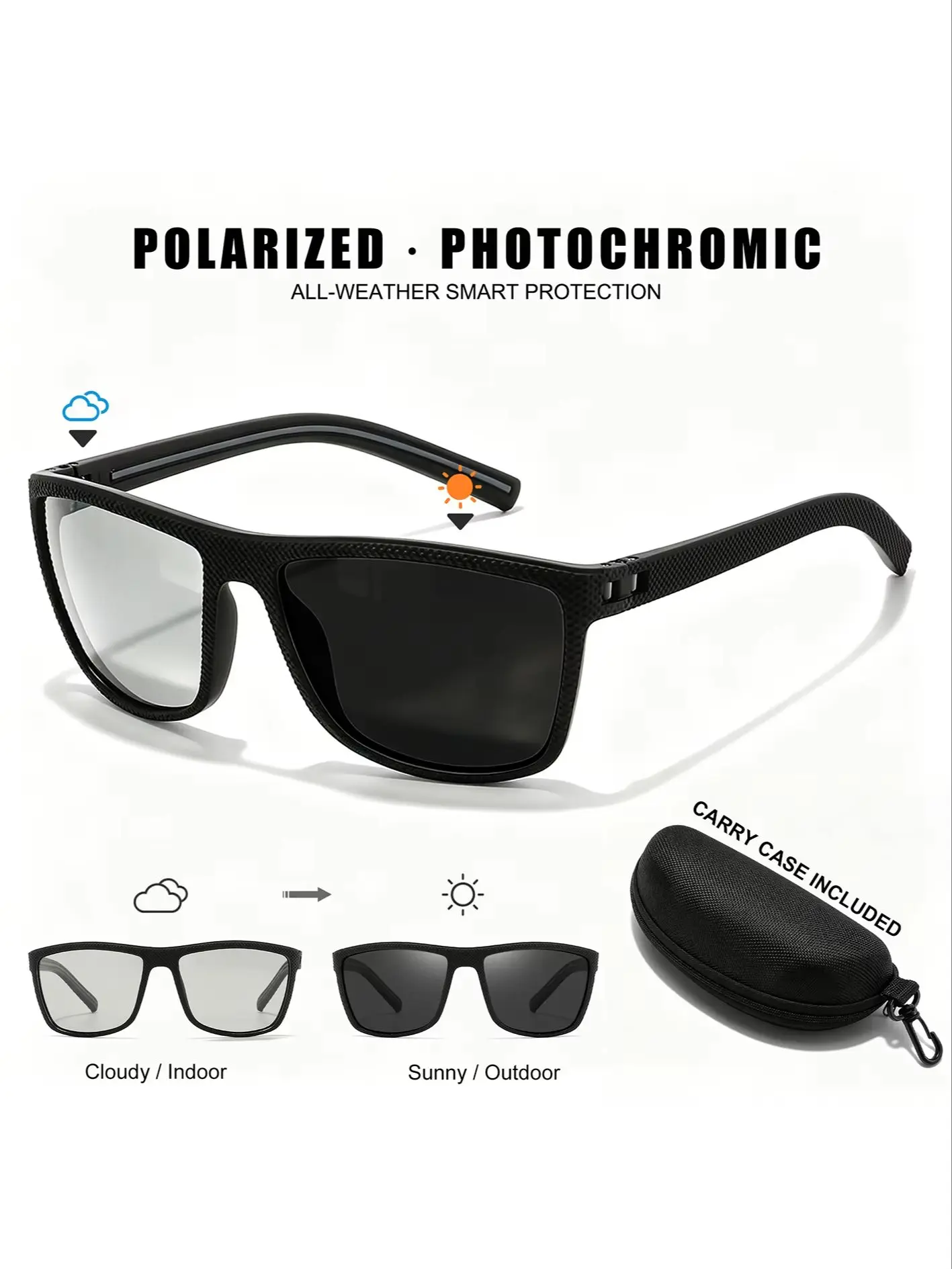 AliExpress VEGUEROS Classic Square Frame Photochromic Polarized Outdoor Sunglasses Spring Hinges UV400 Anti-Glare for Driving Fishing Cycling