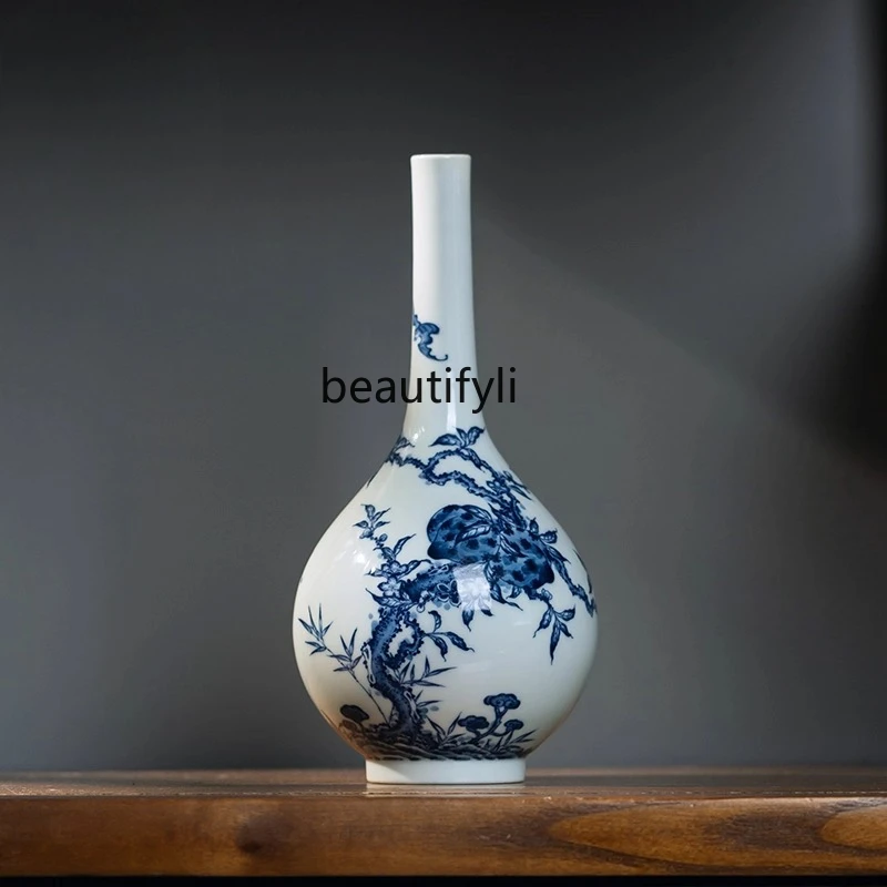 

Ceramic Vase Jingdezhen Hand-painted Blue and White Hand-painted Fu Shou Five Peach Gourd Vase Accessories Ornament