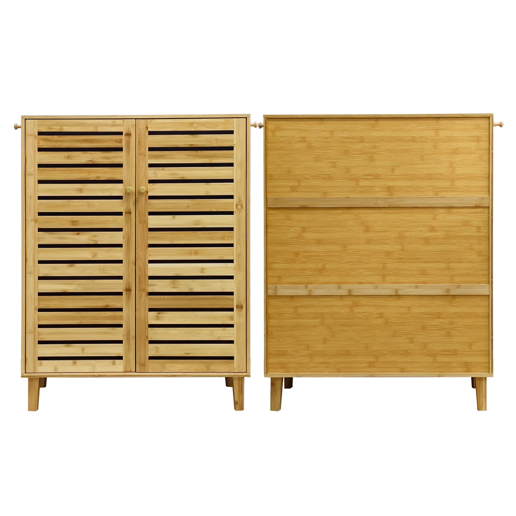 Bamboo Shoe Storage Cabinet with Slatted Doors, 5-Tier Wooden Shoe Organizer Cupboard for Entryway Hallway, Freestanding Large Shoe Rack with Side Hooks & Magnetic Closure