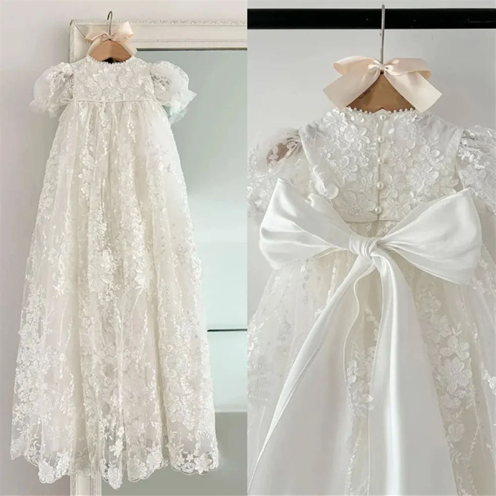 

Elegant Lovely Pearls Baby Christening Gowns Lace Appliques Girls Baptism Customized Newborn Kids Birthday First Communion Dress
