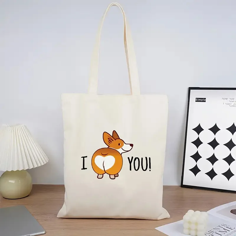 

Canvas Shoulder Bag Cartoon Dog and Letter Print Tote Bag Cute Romantic Daily Casual Bag Reusable Shopping Bag for Women Girls