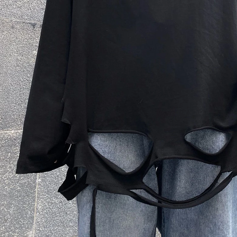 Cotton Hole Summer Thin Men T Shirt Oversized 2xl Long Sleeve O Neck Harajuku Japan Style Hip Pop Streetwear Unisex Clothes Top