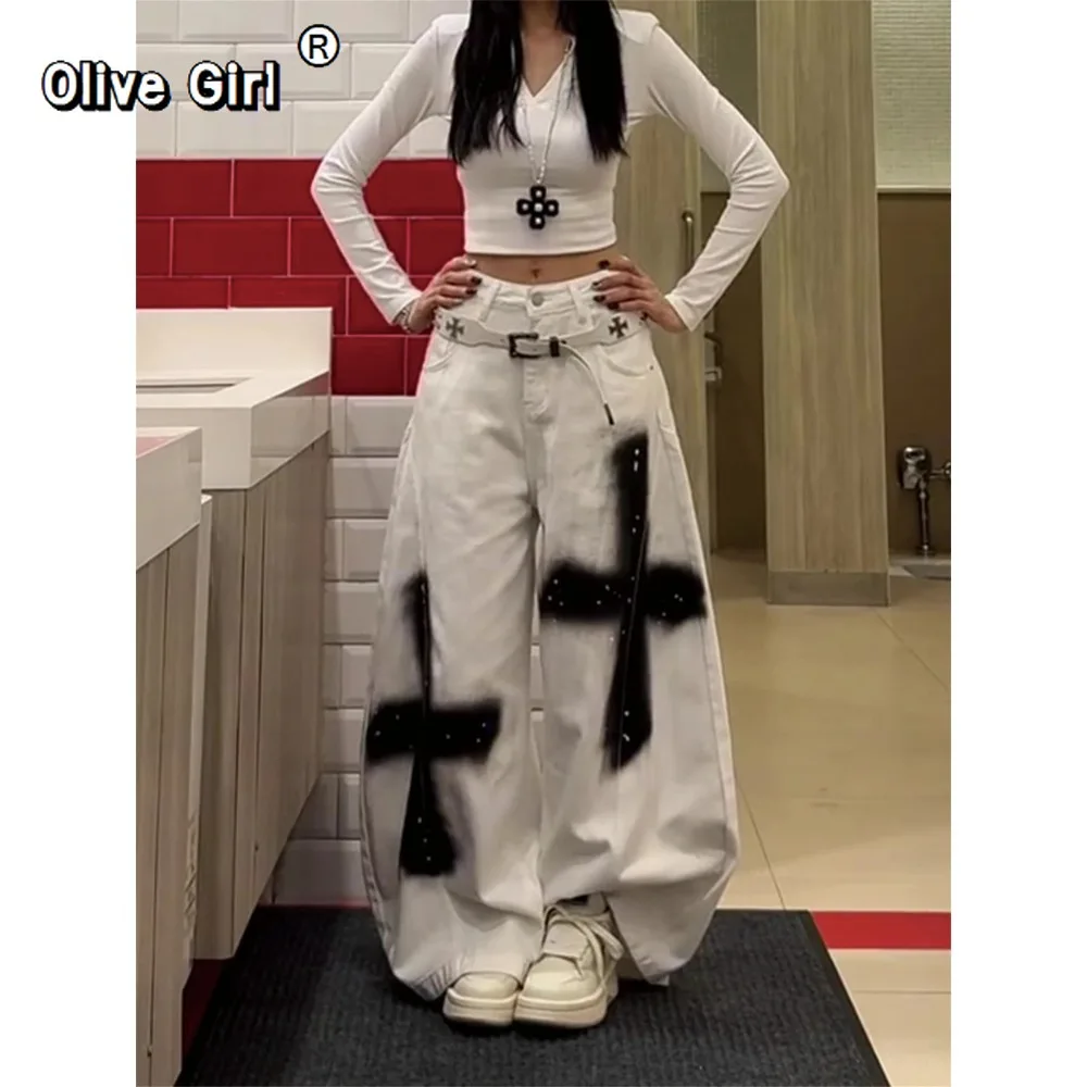 Y2K جينز نسائي عالي الخصر سوبر واسع الساق السراويل الفضفاضة أبيض أسود الصليب الكتابة على الجدران رصع القوطية الشارع الشهير سراويل جينز #1
