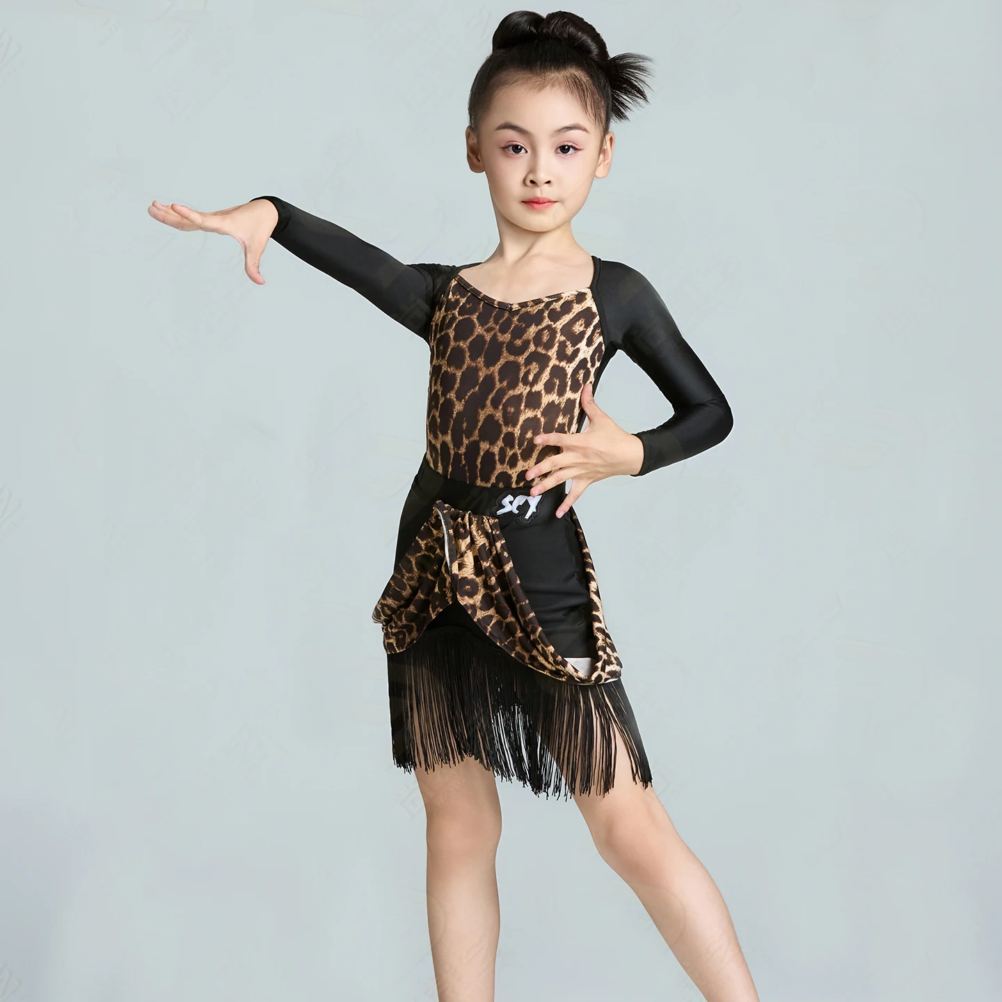 

2025 New Long Sleeves Latin Dance Fringed Dress Girls Chacha Latin Dance Leopard Dress Kids Professional Dancing Suit XS10483