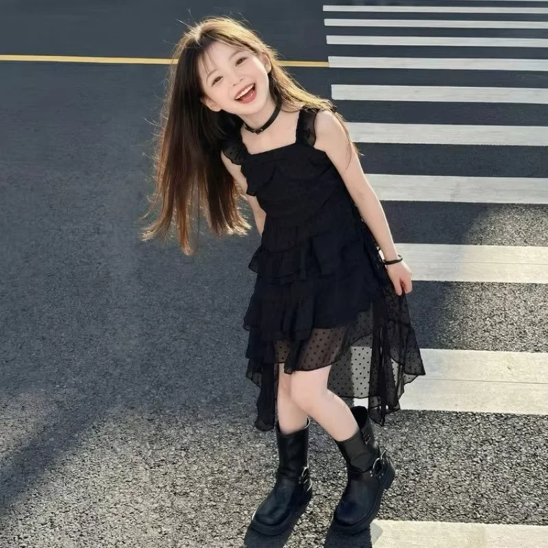 

Girls Summer Fashion Sleeveless Black Princess Dress Children's Clothing Large Size Elegant Skirt for Kids