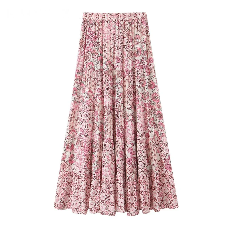 

Long Print Skirt Vintage For Women High Waist Pleated Midi Skirt Flower Elegant Skirt 2025 Summer Fashion Beach Party