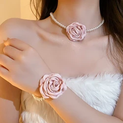 Romantic Pink Rose Flower Necklace Bracelet Jewelry Set Elegant Imitation Pearl Chain Choker Necklaces Bangles For Party Wedding